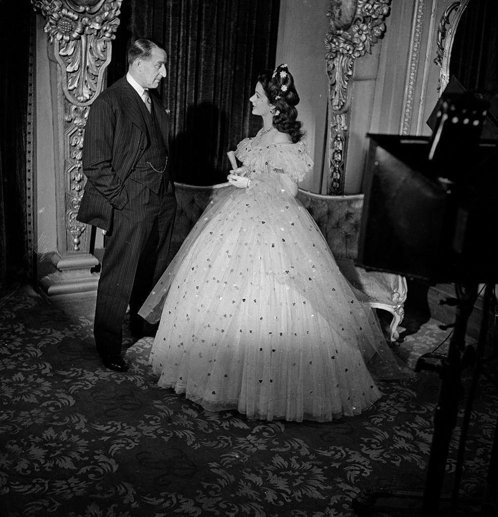 Margaret Lockwood with J Arthur Rank on the set of 'Hungry Hill', 1946.