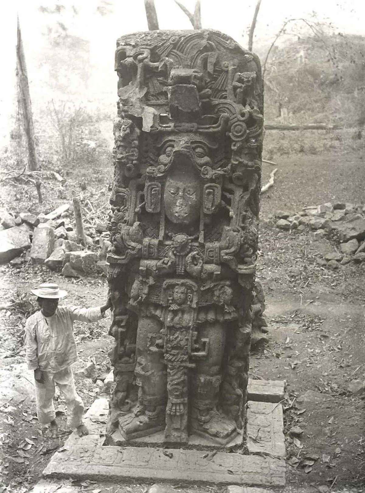The discovery of an ancient Maya statue deep within the jungles of Honduras, 1885.