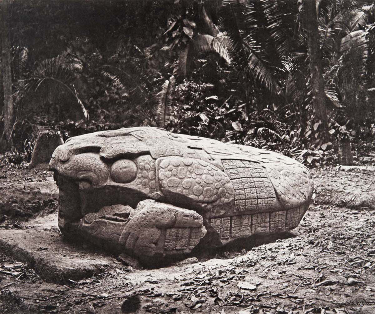 Zoomorph G, dated AD 785. The monument is now understood by scholars to represent a “Waterlily Jaguar” with human figures wearing headdresses emerging from both ends.
