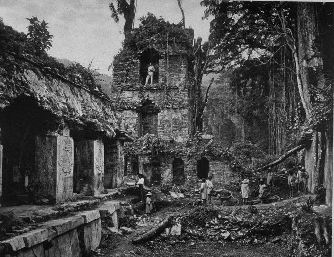 Alfred Maudslay in the tower of the palace, Palenque, Mexico, 1890.