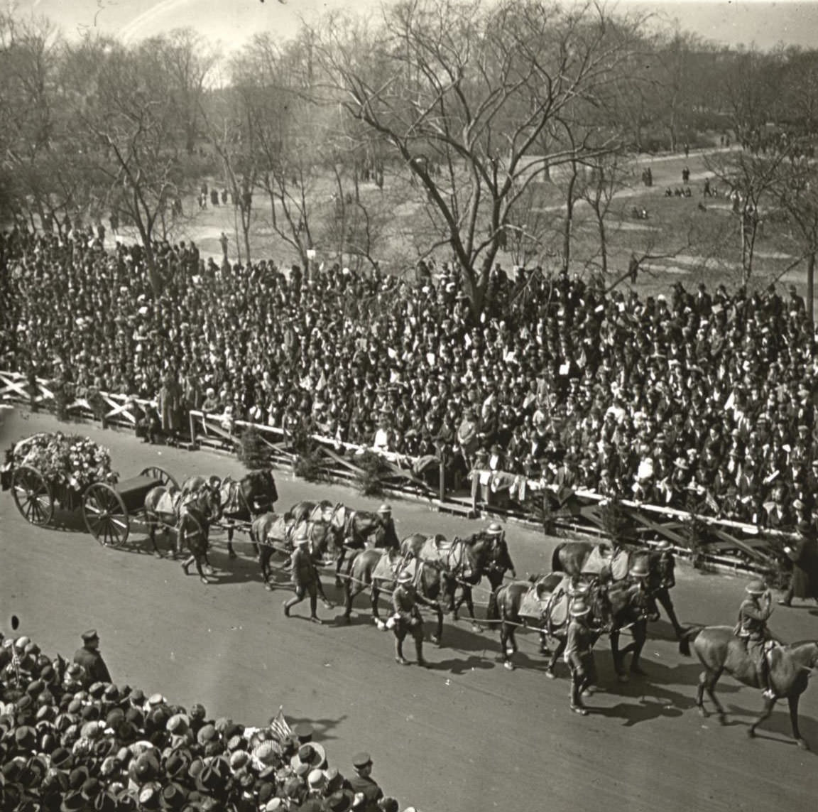 Horses pull a carriage filled with flowers while large crowds look on.