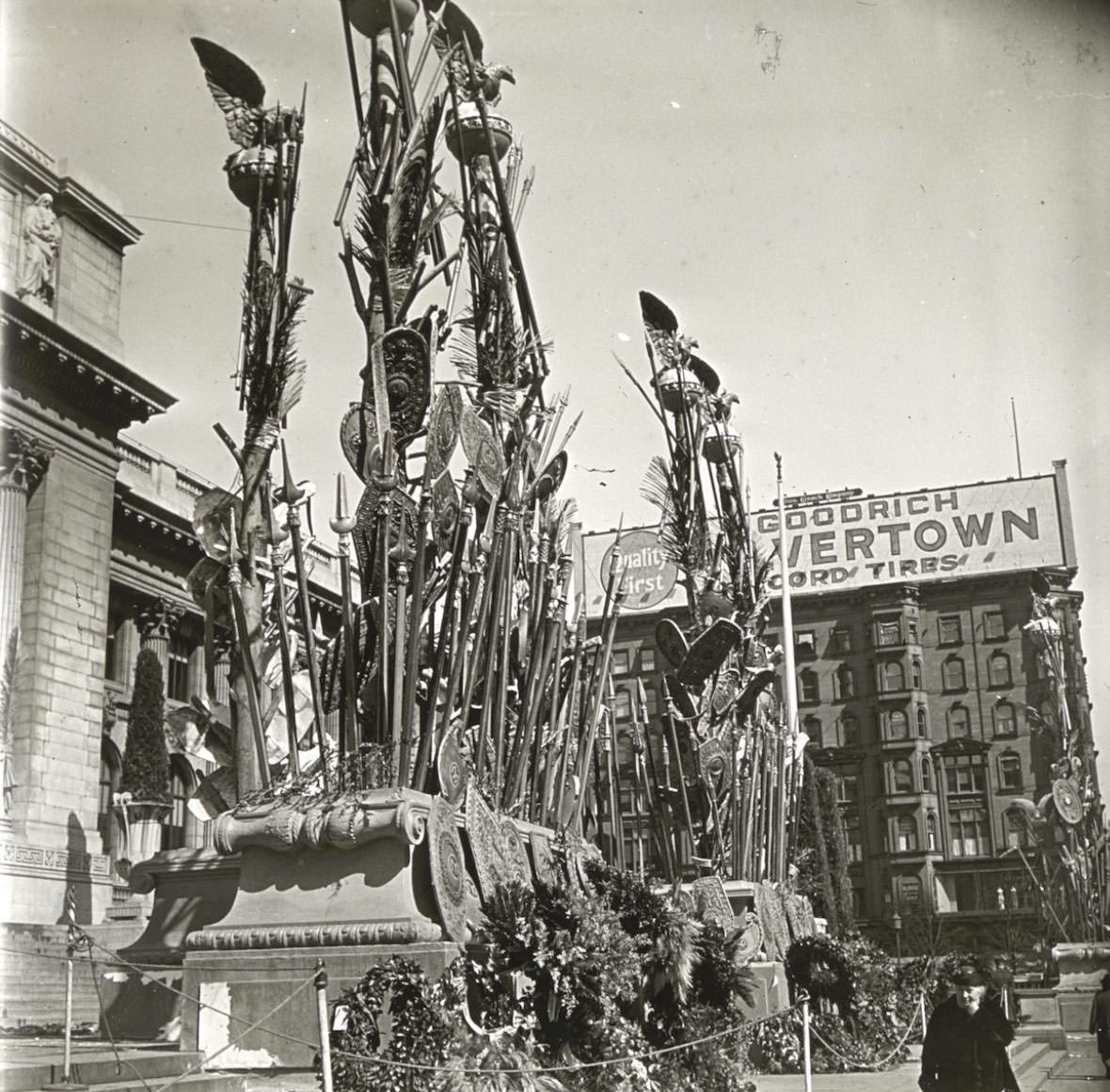 Spears and shields stood in front of the New York Public Library, at the Court of the Heroic Dead.