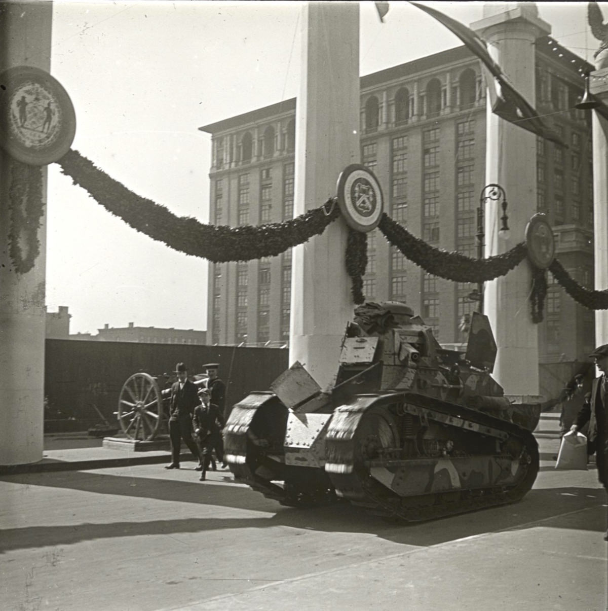 A tank on display. Tanks were used for the first time in World War I; they were particularly well-suited to getting close to and then destroying machine gun positions.