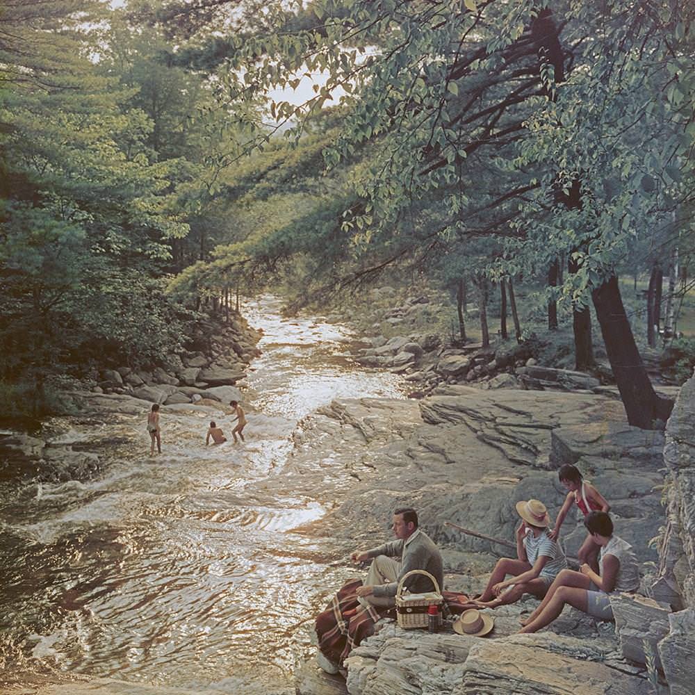 A family enjoying a picnic on the bank of the Whiting River near Campbell Falls, Massachusetts, 1959