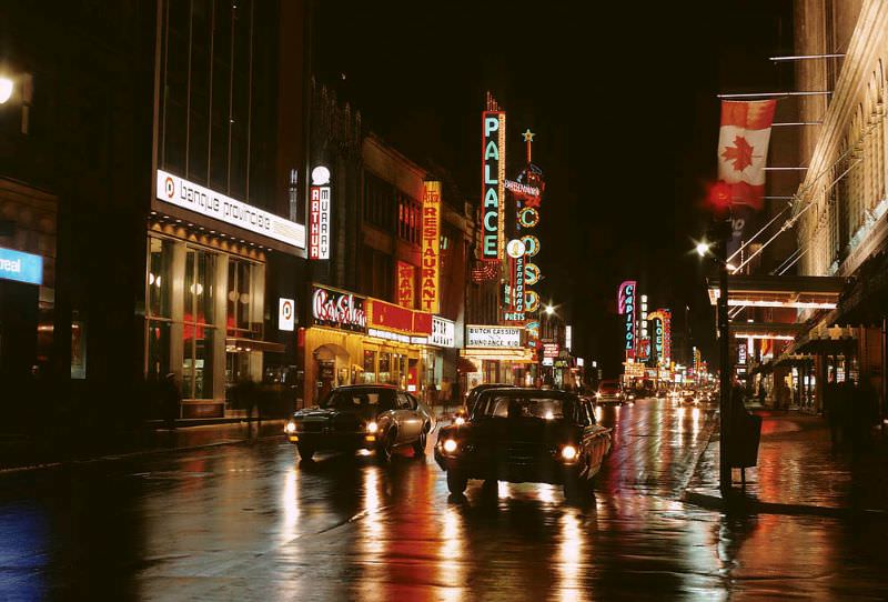 Montreal street scenes on a rainy night, December 1969