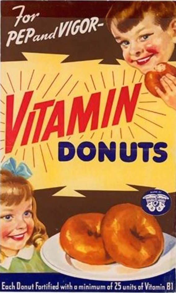 Advertisement portraying vitamin-filled donuts as healthy.
