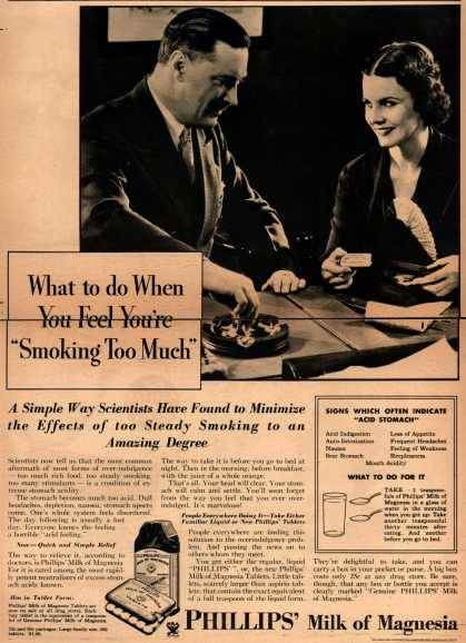 Ad for a milk of magnesia that promotes it as a cure for "feeling like you're smoking too much."