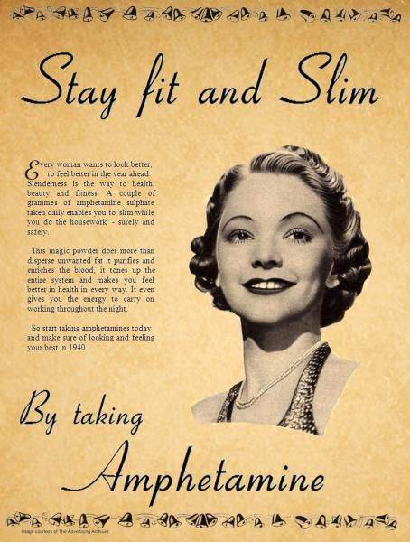 A 1940s advert advocating for the use of amphetamines for weight loss.