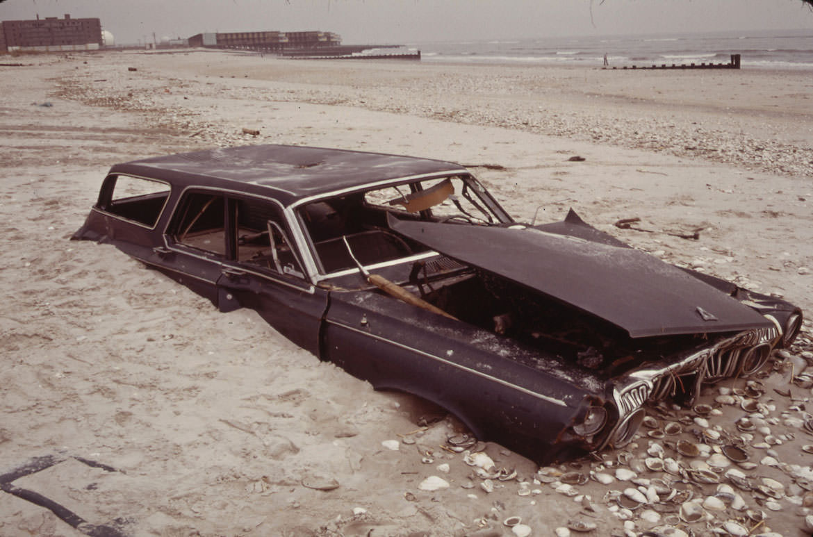 Sand Covers Abandoned Car on Beach at Breezy Point South of Jamaica Bay, May, 1973