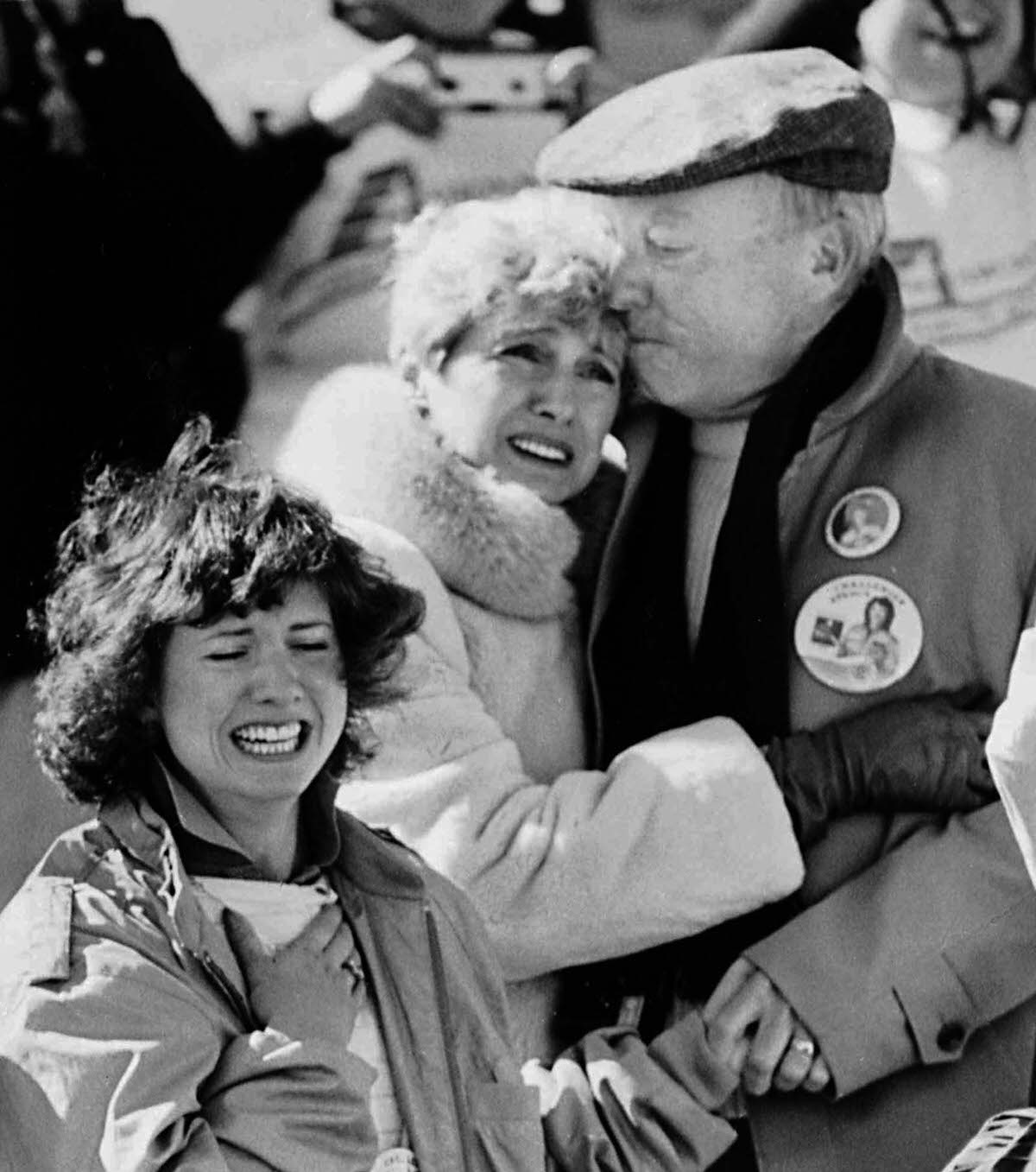 Christa McAuliffe’s sister Betsy and parents Ed and Grace Corrigan react in anguish to the explosion of the shuttle.