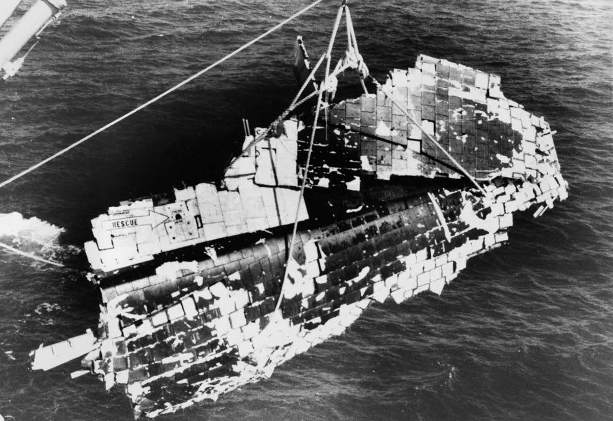 The front starboard section of the shuttle is recovered from the ocean.