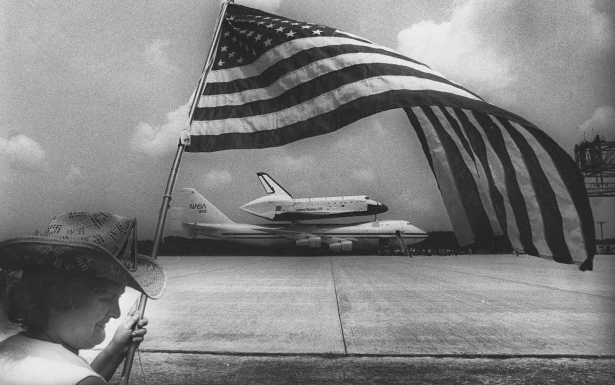 The Space Shuttle Challenger arrives at Kennedy Space Center aboard a Boeing 747. July 5, 1982.