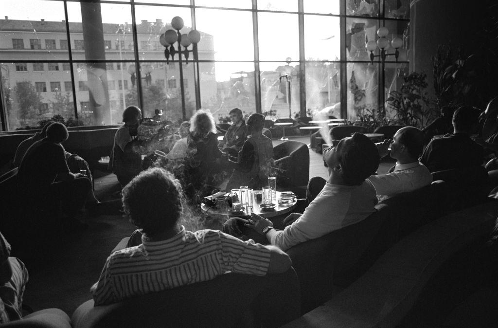 A scene in the lobby of the Holiday Inn hotel used by the media during the war, July 1992.