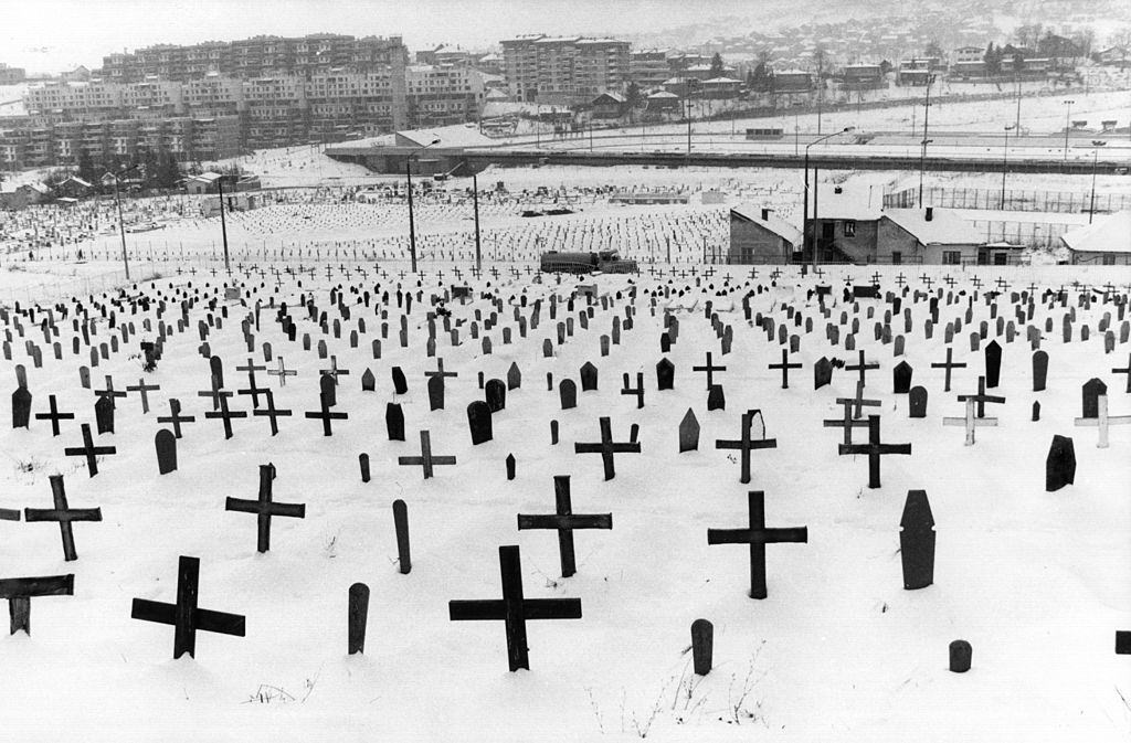 Graves of Muslims, Croats and Serbs at Zetra Stadium at Sarajevo during the siege of Sarajevo in the civil war.