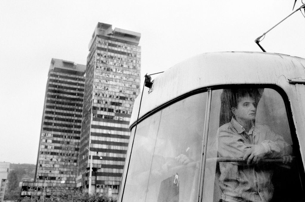 Passengers on a Sarajevo tram in the destroyed financial district of Sarajevo, 1994.