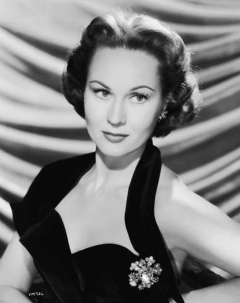 Virginia Mayo in a black, halter-neck top, 1955.