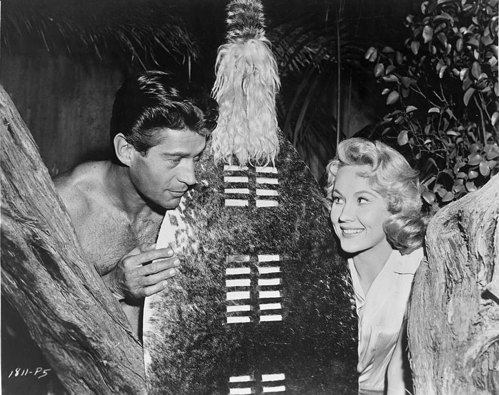 Virginia Mayo with George Nader in a scene from the film 'Congo Crossing', 1956.