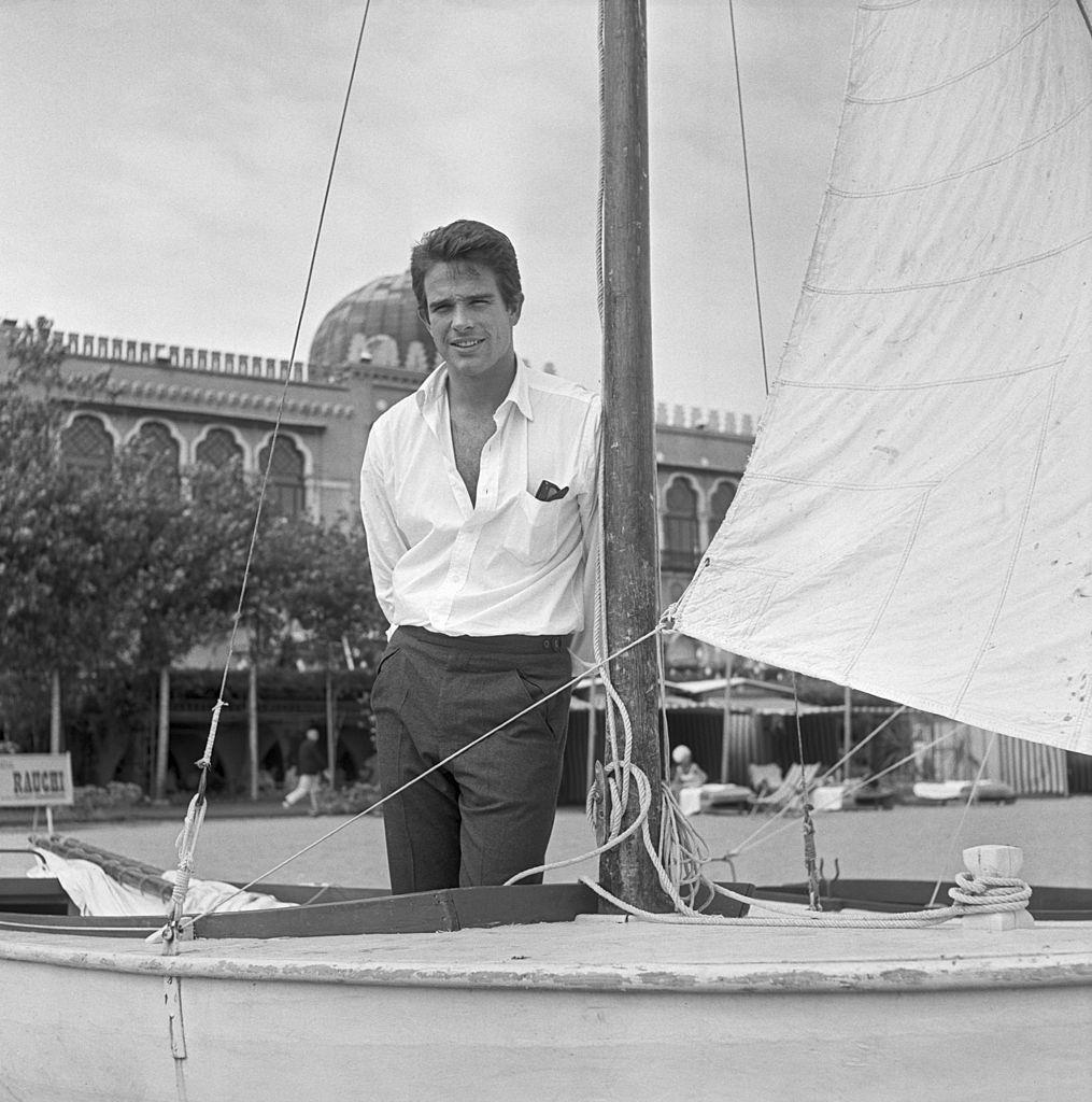 Beatty portrayed while standing on a sail boat on the Lido beach, 1956.