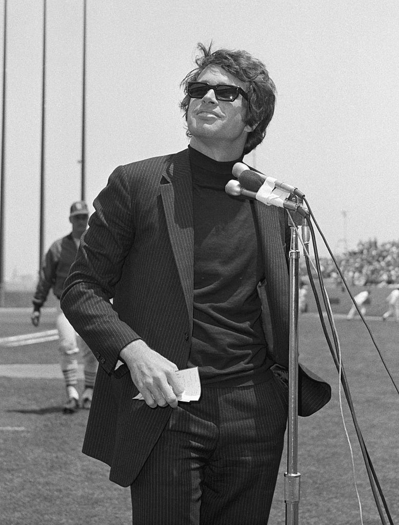 Warren Beatty speaking in favor of gun control at San Francisco's Candlestick Park, at the invitation of the mayor, 1968.