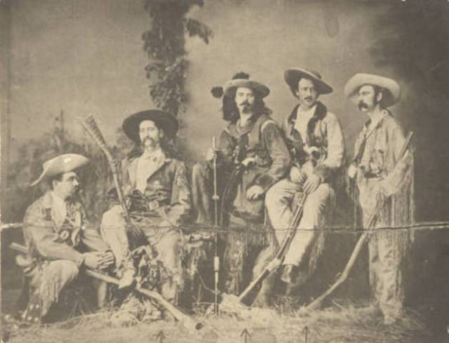 A publicity photo for the show Buffalo Bill Cody put together in 1873. After a few months on stage, Hickok came back west temporarily flush.