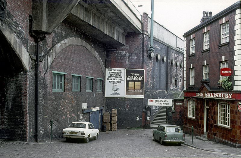 View of Wakefield Street towards Oxford Road Station and The Salisbury pub, around 1974.