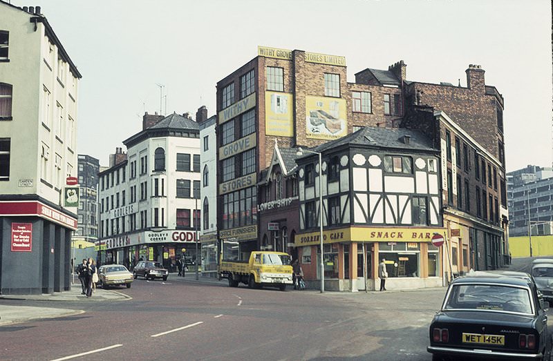 Swan with Two Necks (left), Withy Grove, Manchester, looking towards Shude Hill, around 1972.