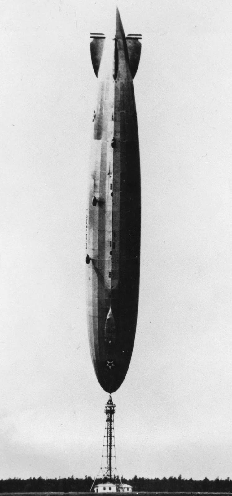 The U.S. Navy’s dirigible Los Angeles, upended after a turbulent wind from the Atlantic flipped the 700-foot airship on its nose at Lakehurst, New Jersey, in 1926.