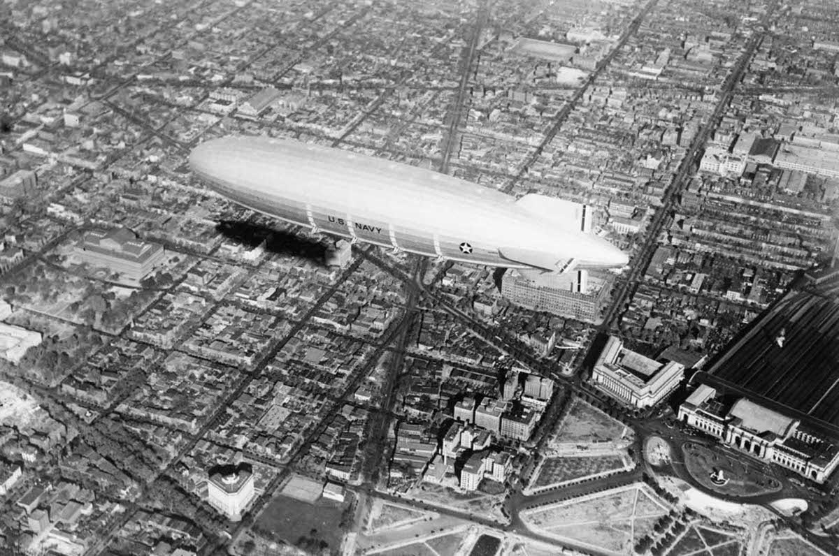 Aerial view of the USS Akron over Washington, District of Columbia, in 1931.