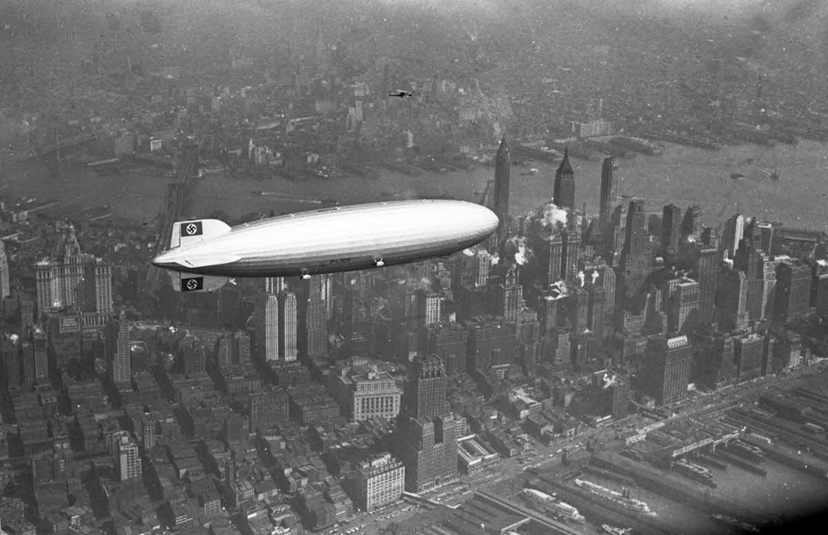 The Hindenburg flies over Manhattan, on May 6, 1937.