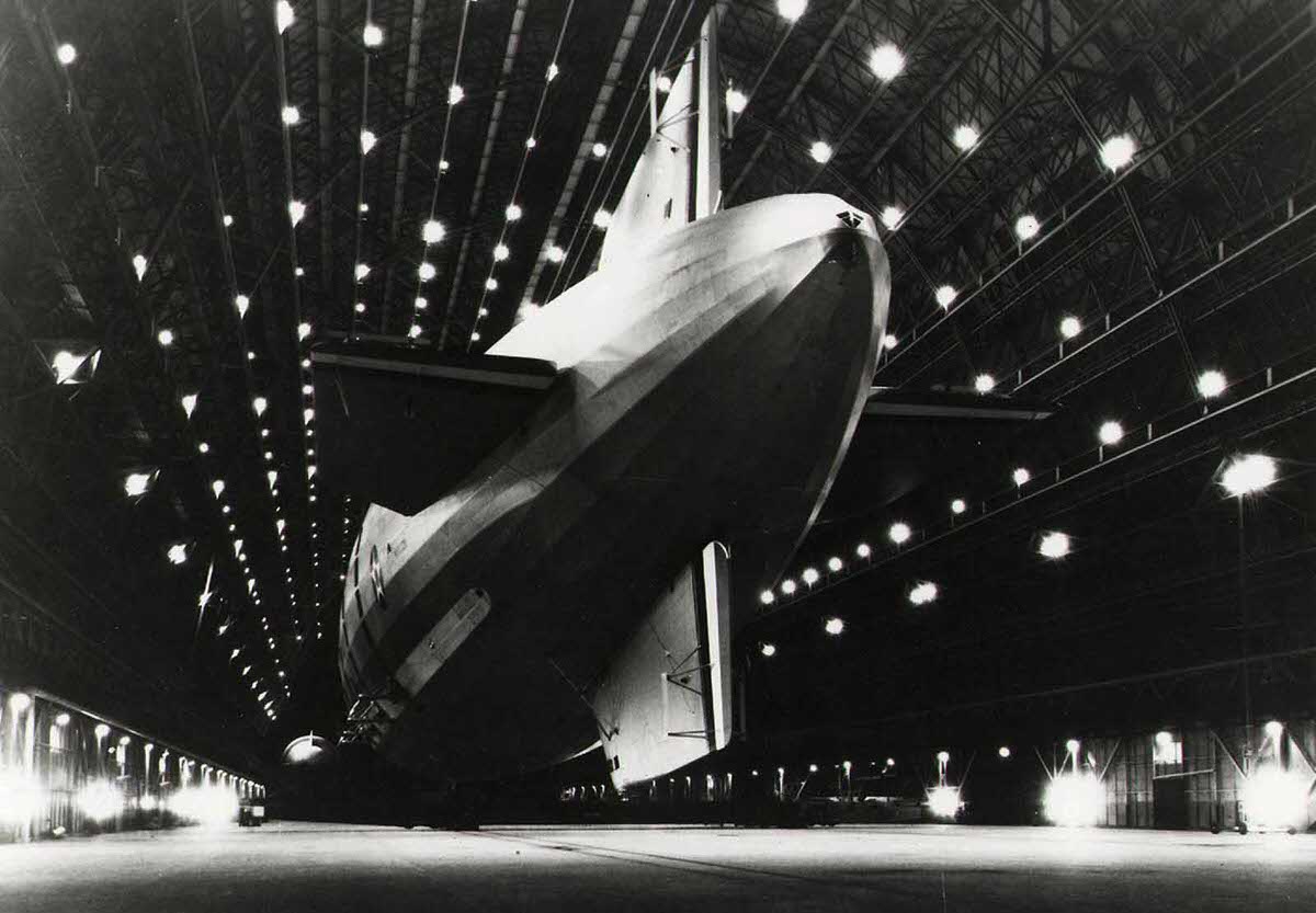 The airship USS Macon, moored at Hangar One at Moffett Federal Airfield near Mountain View, California.
