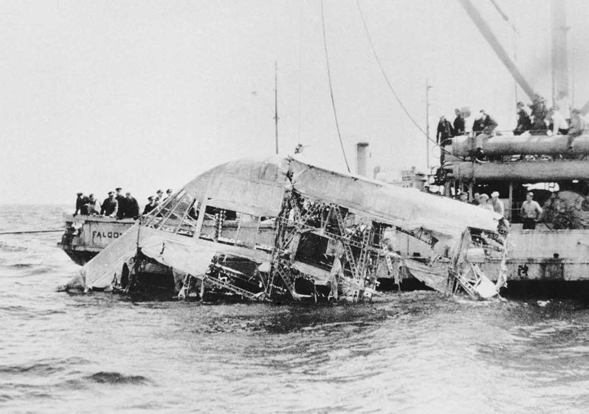 The wreckage of the naval dirigible USS Akron is brought to the surface of the ocean off the coast of New Jersey, on April 23, 1933.