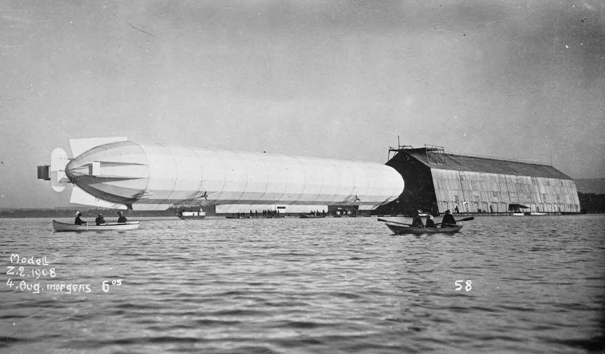 Zeppelin airship seen from the water, August 4, 1908.