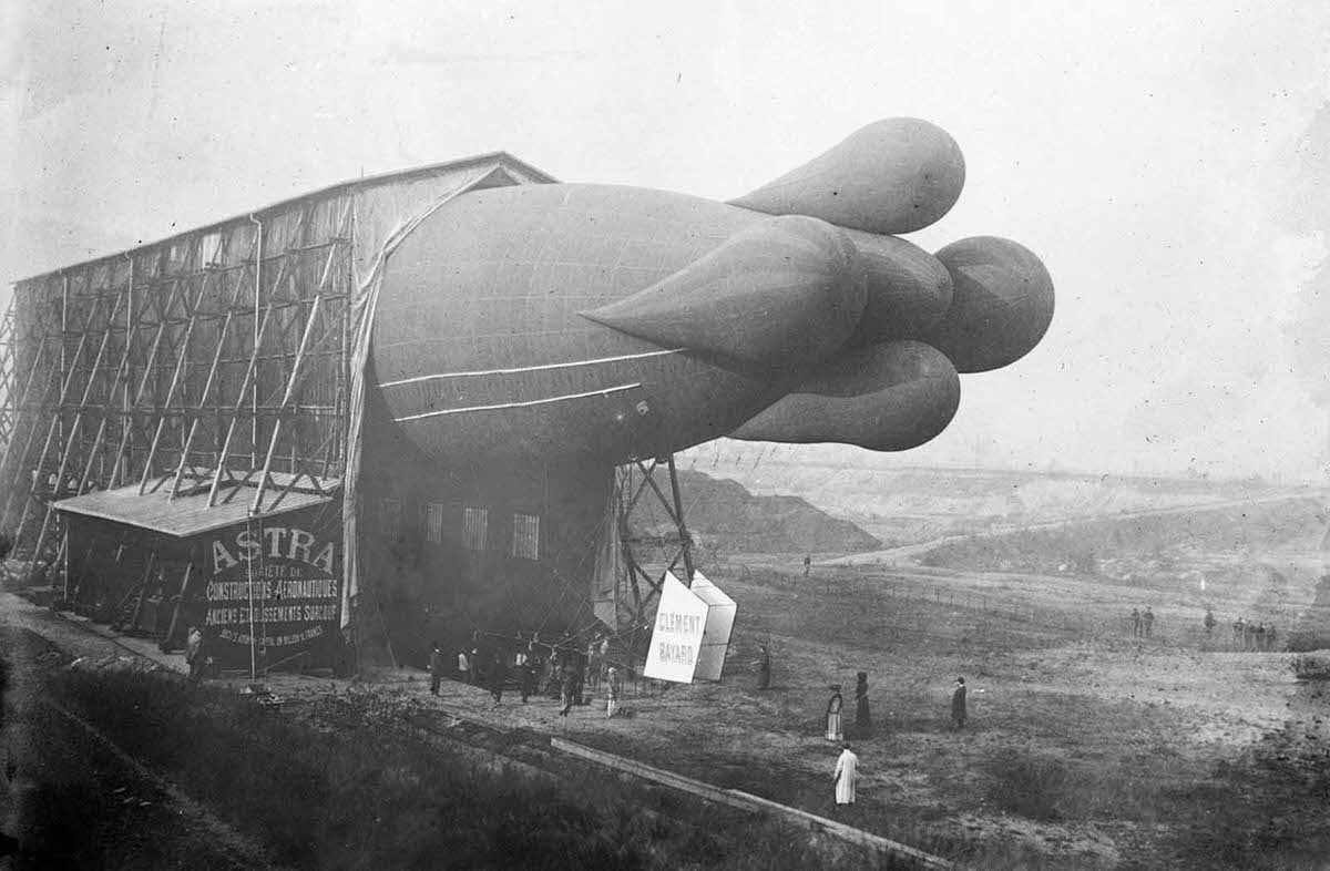 A Clement-Bayard dirigible in shed, France, 1908.