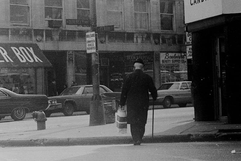 Diversey and Broadway, Chicago, 1970s