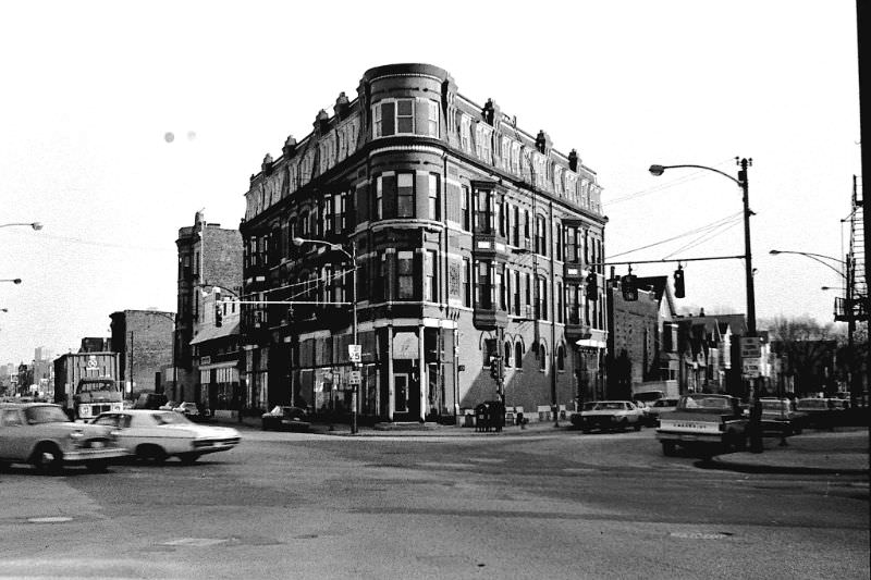 South east bound Lincoln on the left and Racine on the right at Diversey, Chicago, 1970s