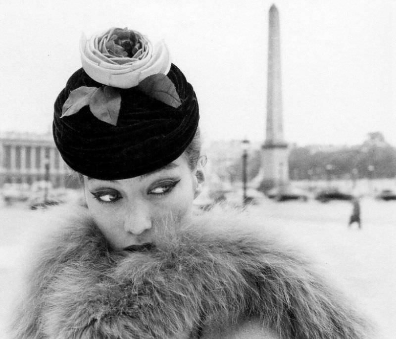 Моdel wearing black ice cap with flowers by Jean Barthet, photo Regina Relang, Paris, 1955