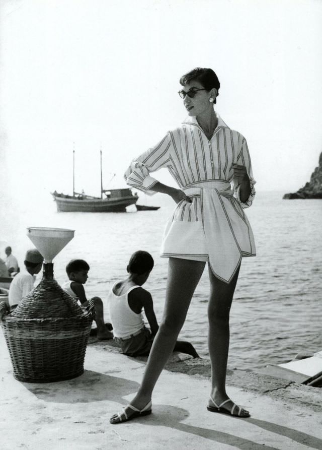 Joan Whelan in beachwear by Bessie Becker, photo by Regina Relang, Ischia, Italy, 1956