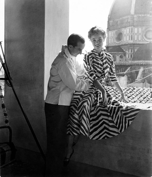 Emilio Pucci with model Joan Olson wearing his zebra-striped dress, Florence, 1952