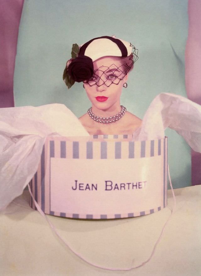 Joan Olson wearing a hat by Jean Barthet, Paris, 1953