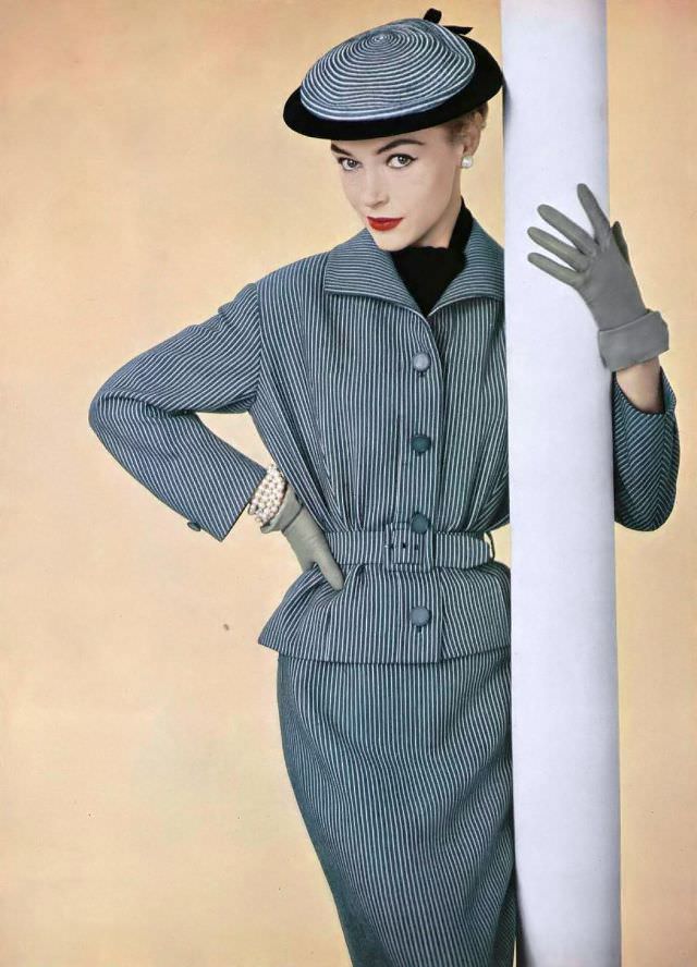 Sophisticated day-suit by Christian Dior on model Joan Olson, 1954