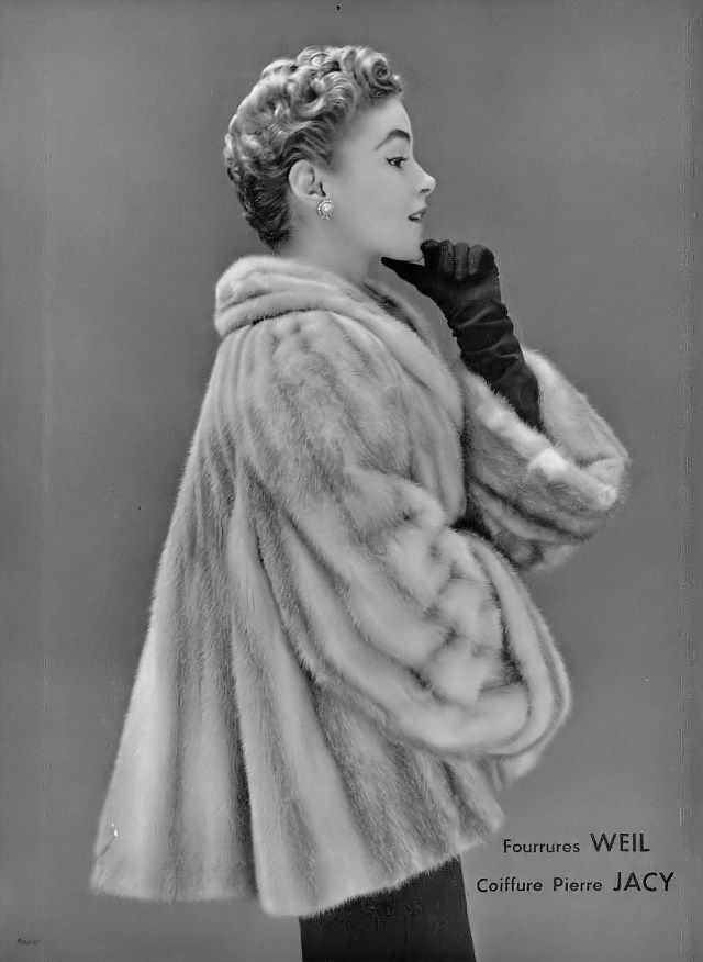 Joan Olson in mink jacket by Weil, coiffure by Pierre Jacy, 1952