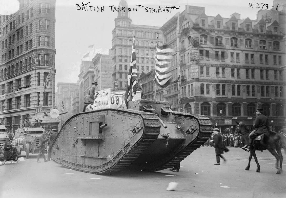 The British Mark IV tank “Britannia” leads a parade up Fifth Avenue.