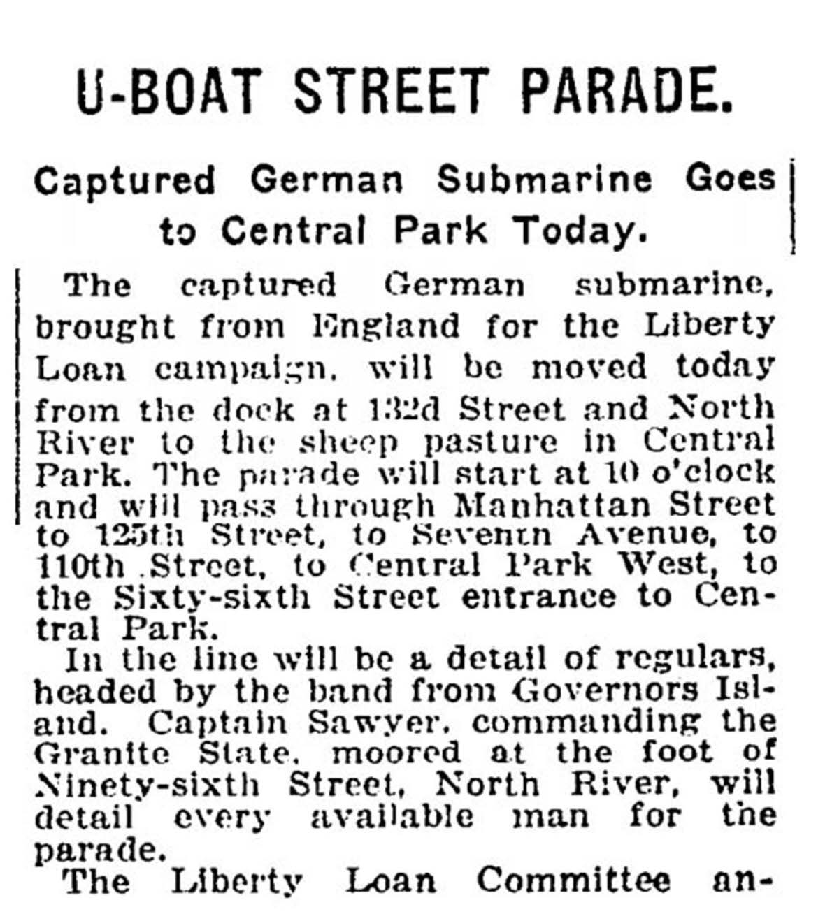 A newspaper article titled “U-Boat Street Parade”.