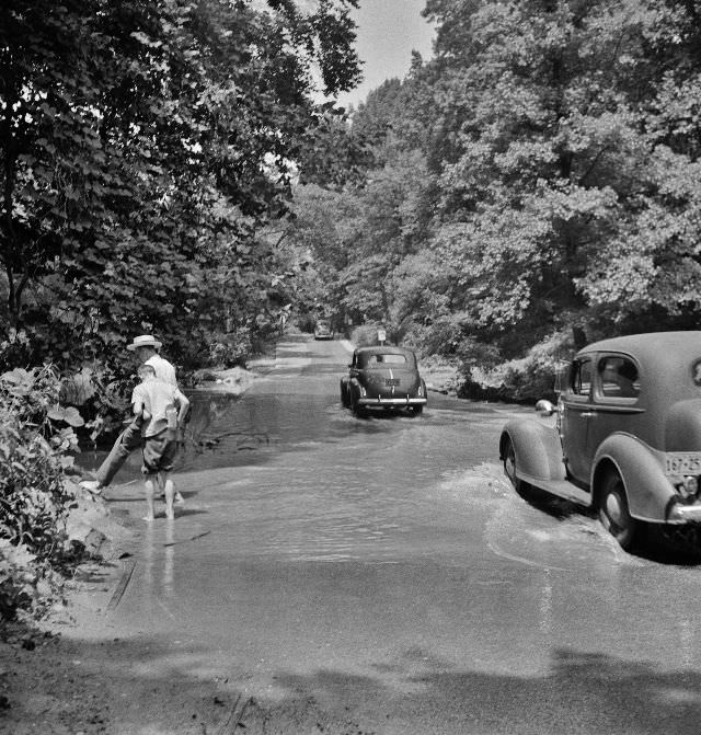 Waders at an automobile Ford in Rock Creek Park. Washington, D.C., June 1942