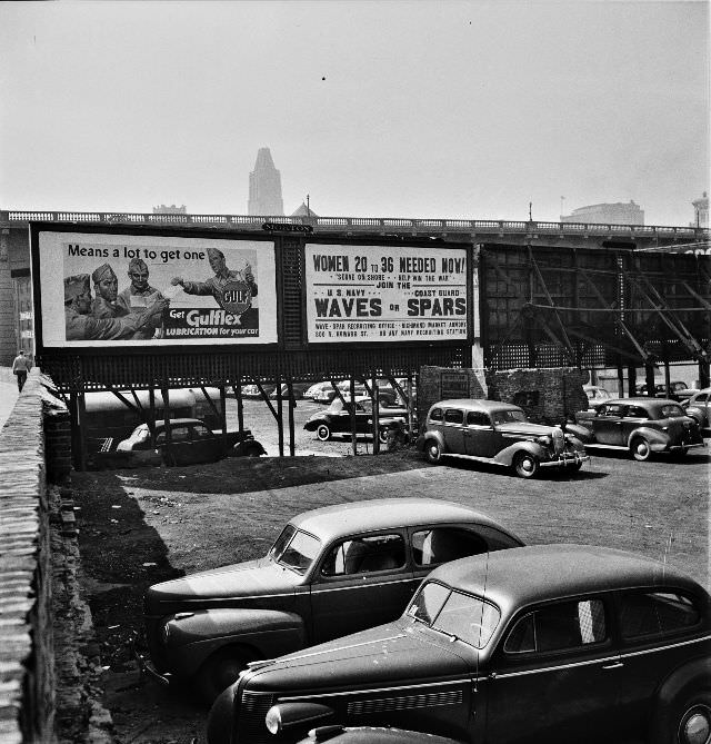Parking lot and billboards in Baltimore, Maryland, April 1943