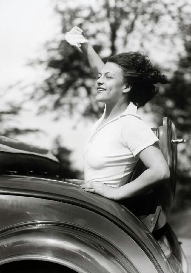 Eva Szaplone in a rumbleseat, 1932