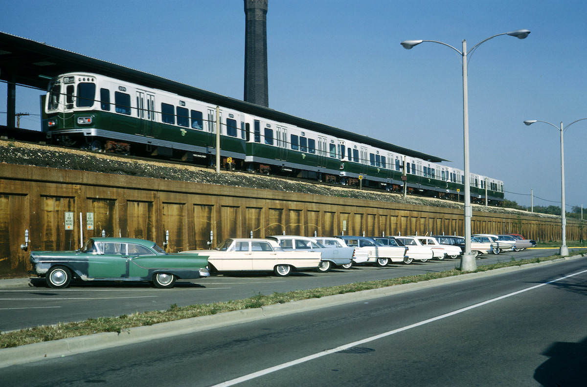 CTA station and parking lot, Ridgeland Ave., Lake Street line, Oak Park, Ill. 1964