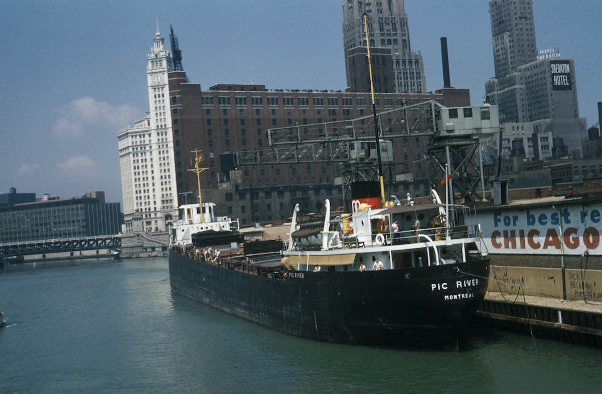 Chicago, boat at Chicago Tribune wharf on Chicago River 1959