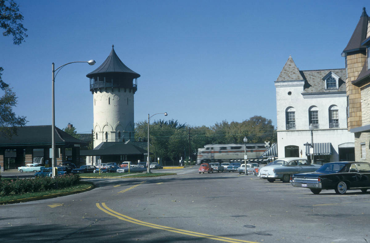 Water tower and business district, Riverside, Ill. 1964