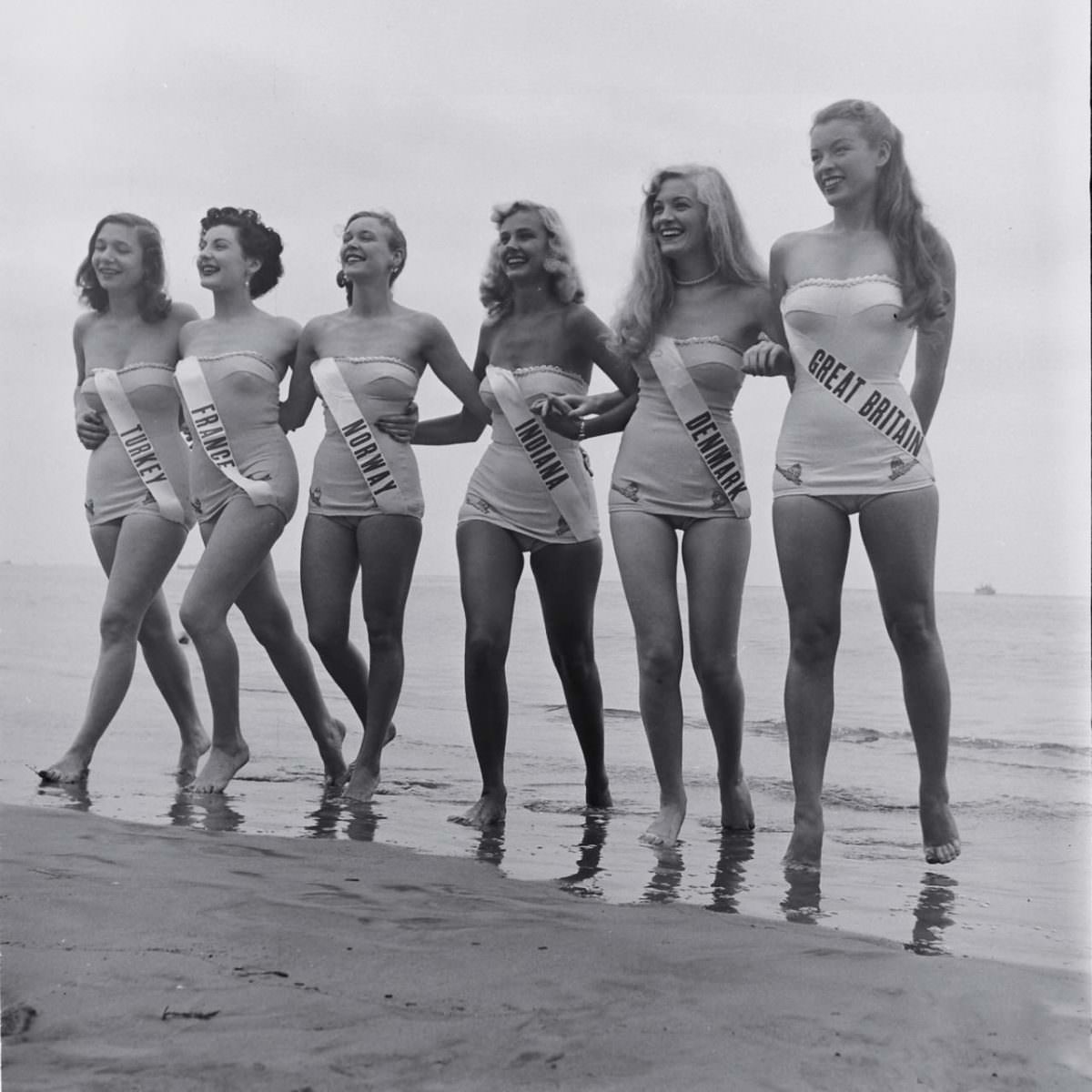 Competitors in the first Miss World contest at the Empire Rooms on Tottenham Court Road, London. 27th July 1951